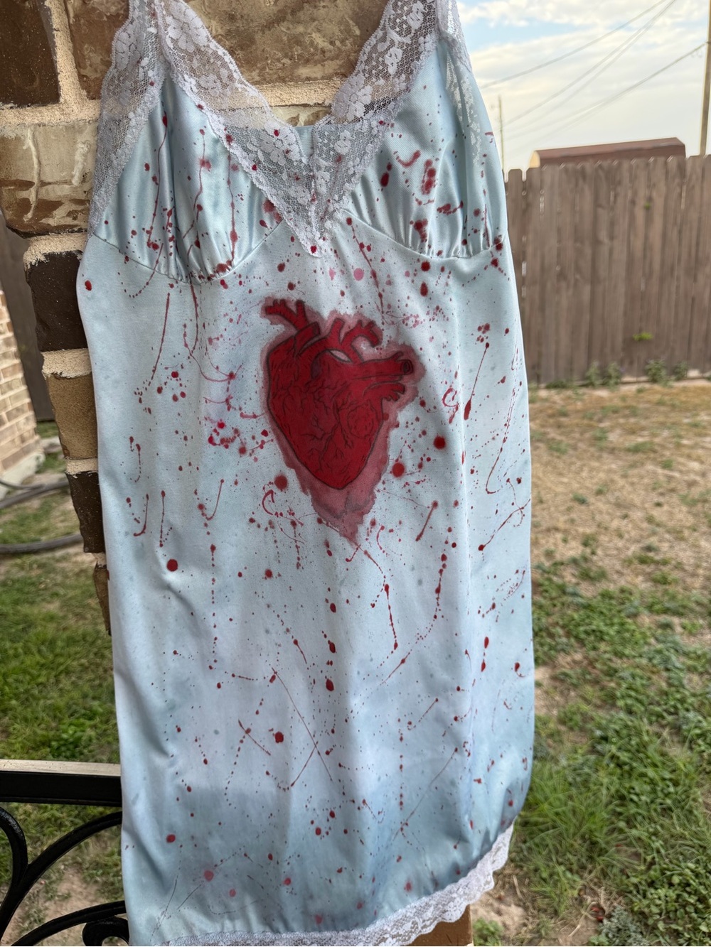 VTG Camelot goth hand painted anatomical heart blood splatter midi slip dress